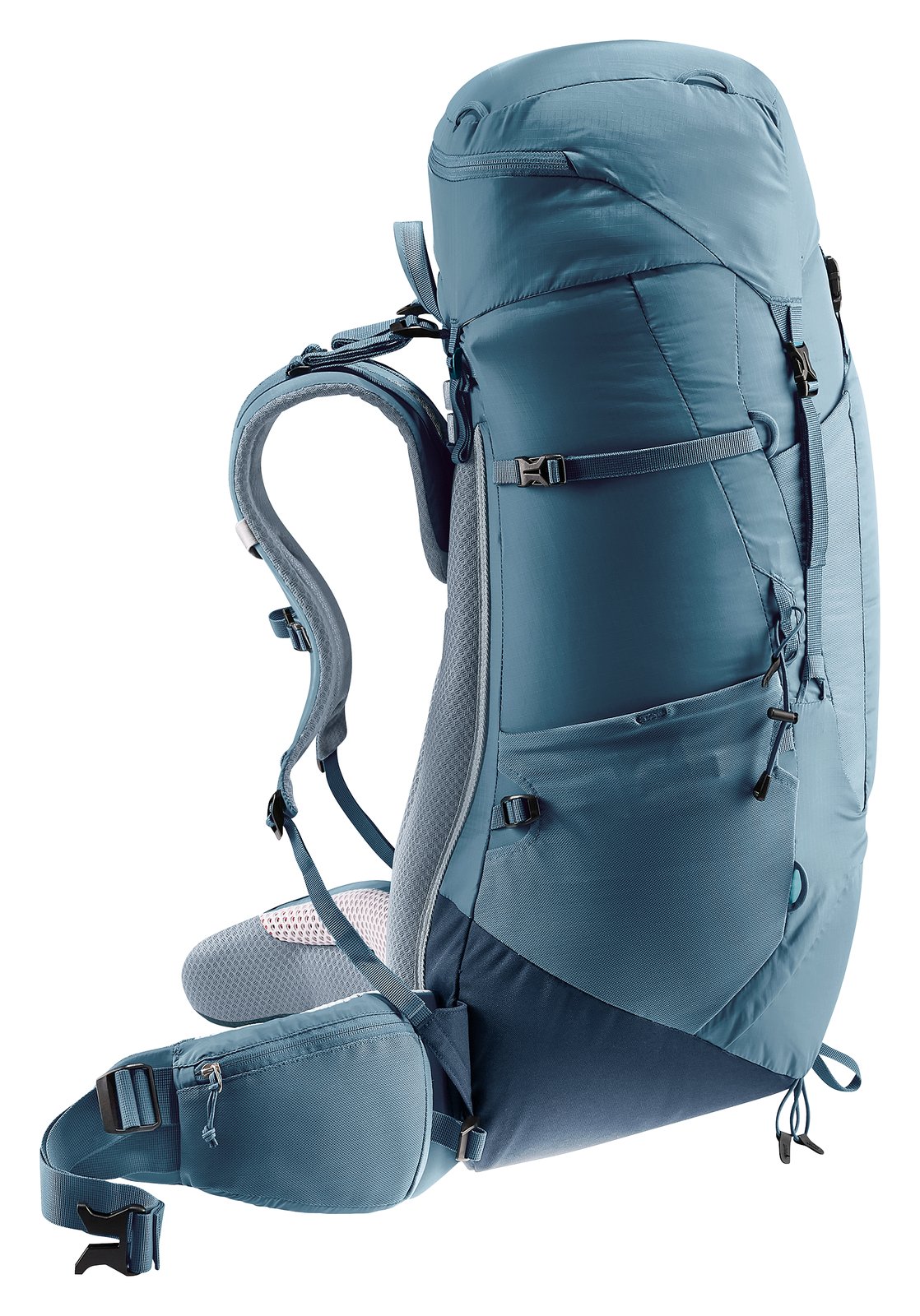Deuter Aircontact Lite 50 + 10 in Atlantic Ink, side profile with compression straps