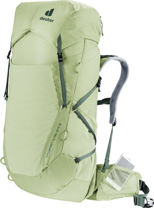 Deuter Aircontact Ultra 35+5 SL with a phone in the hip fin pocket area, side view