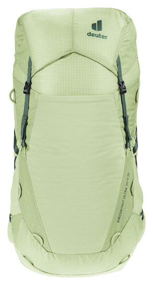 Deuter Aircontact Ultra 35+5 SL in Mineral Ivy, straight-on front view with mesh front pocket
