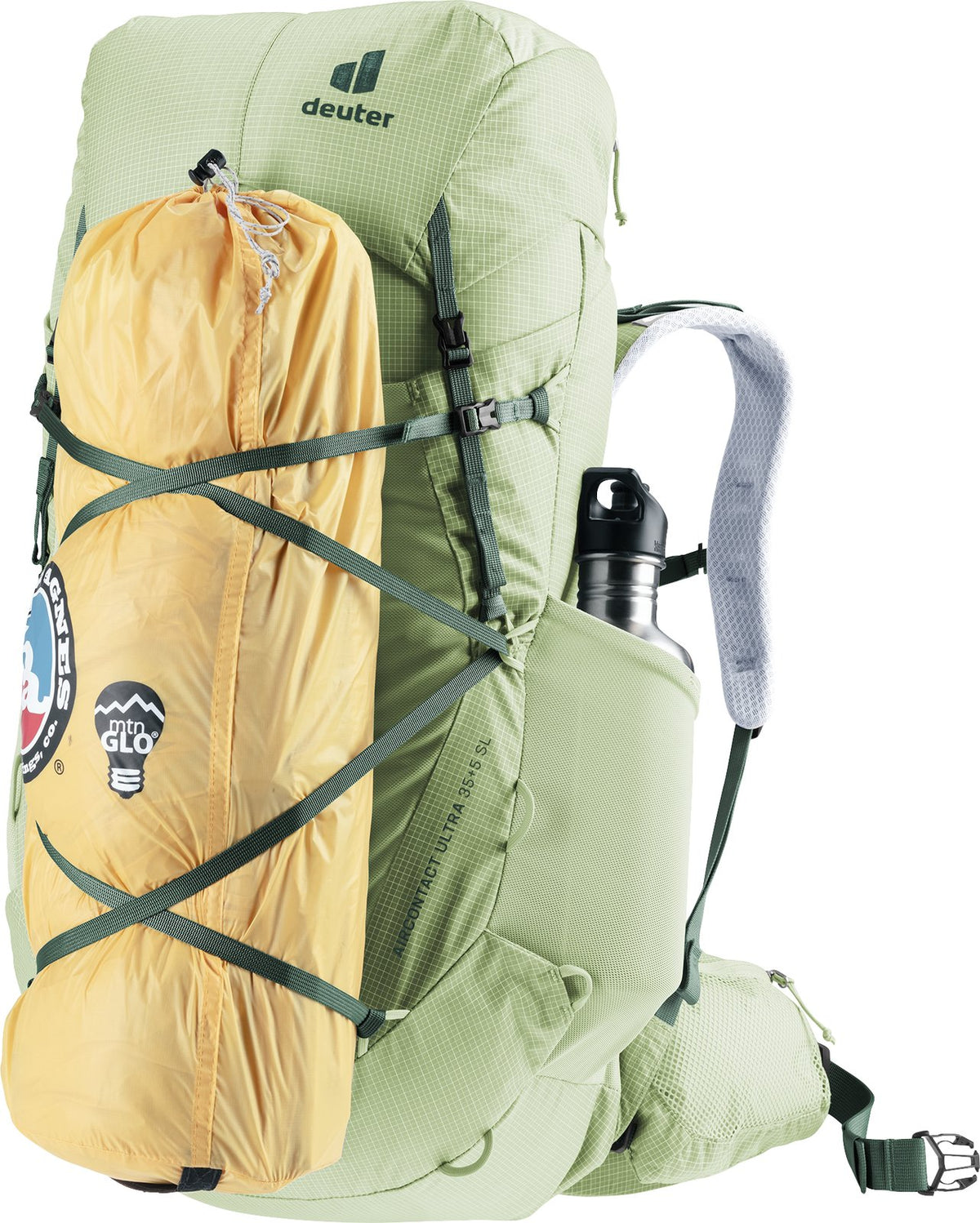 Deuter Aircontact Ultra 35+5 SL carrying a yellow stuff sack on the front with modular gear straps