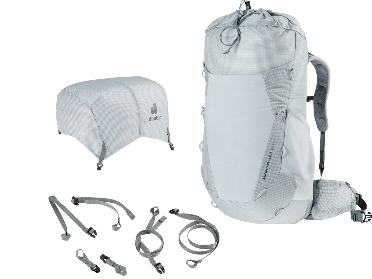 Deuter Aircontact Ultra 45+5 SL with the lid removed, shown beside the detached lid and modular gear straps