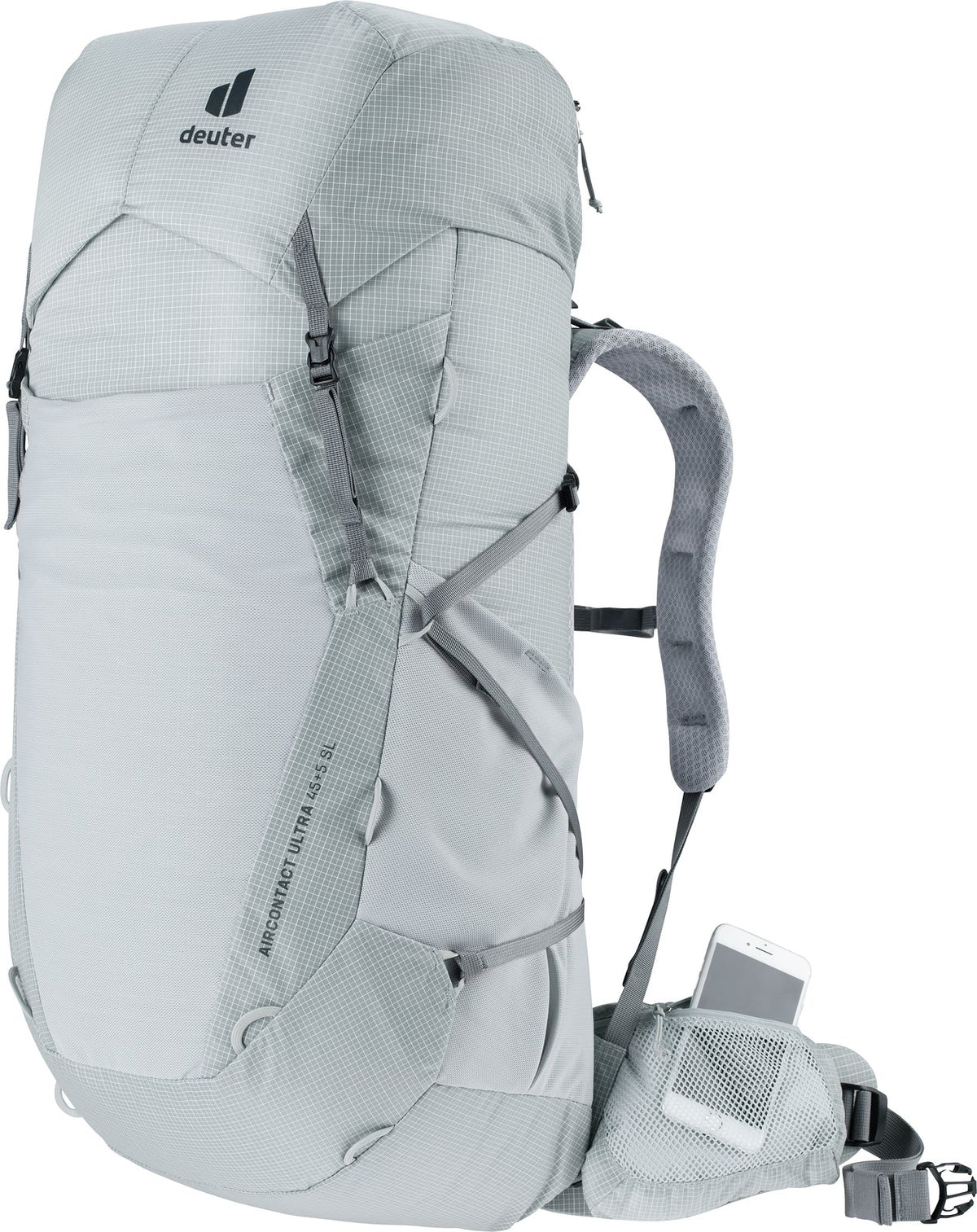 Deuter Aircontact Ultra 45+5 SL front three-quarter view with a phone in the hip fin pocket