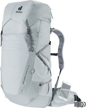 Deuter Aircontact Ultra 45+5 SL front three-quarter view with a phone in the hip fin pocket