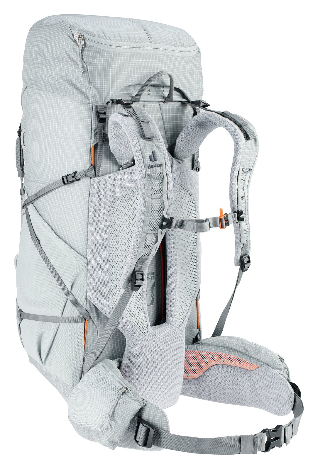 Deuter Aircontact Ultra 45+5 SL rear three-quarter view of the shoulder harness and lumbar pad