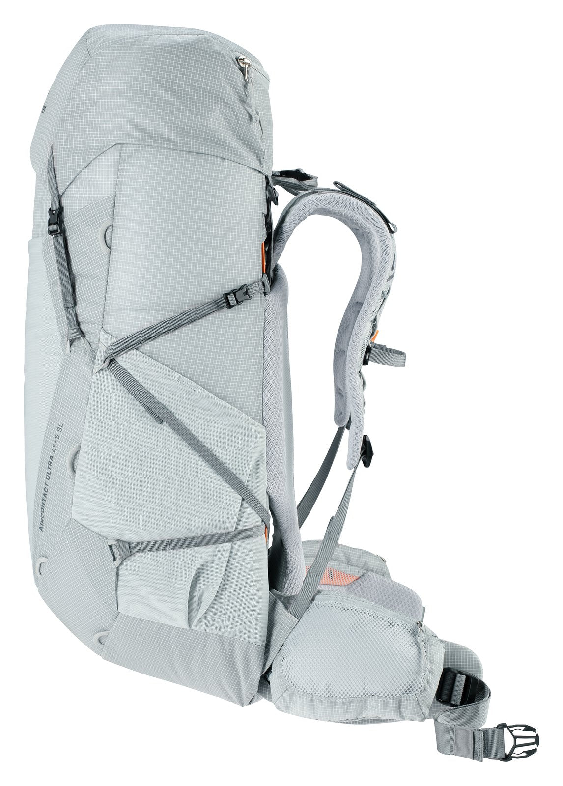 Deuter Aircontact Ultra 45+5 SL side view of the mesh side pocket and shoulder strap