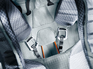 Close-up of the Clip & Loop back length adjustment on the Deuter Aircontact Ultra 45+5 SL