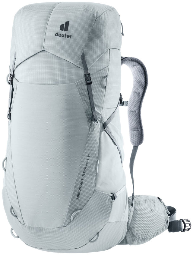 Deuter Aircontact Ultra 45+5 SL women's trekking pack in Tin Shale, light grey front three-quarter view