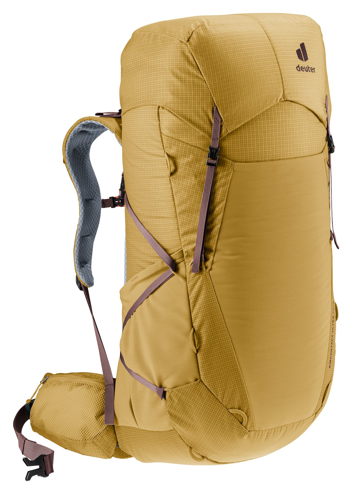 Deuter Aircontact Ultra 50+5 in Savanna Raisin, side three-quarter view with the lid on
