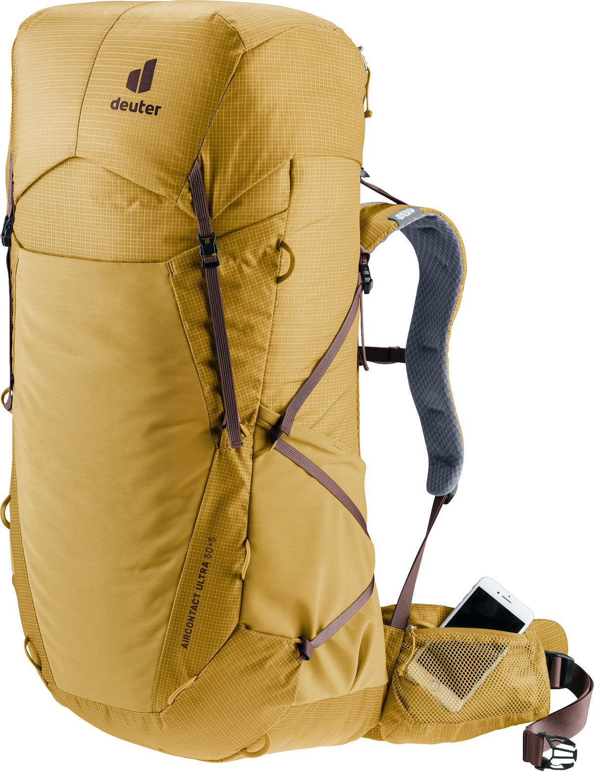 Deuter Aircontact Ultra 50+5 with a smartphone tucked into a pocket on the hip fin