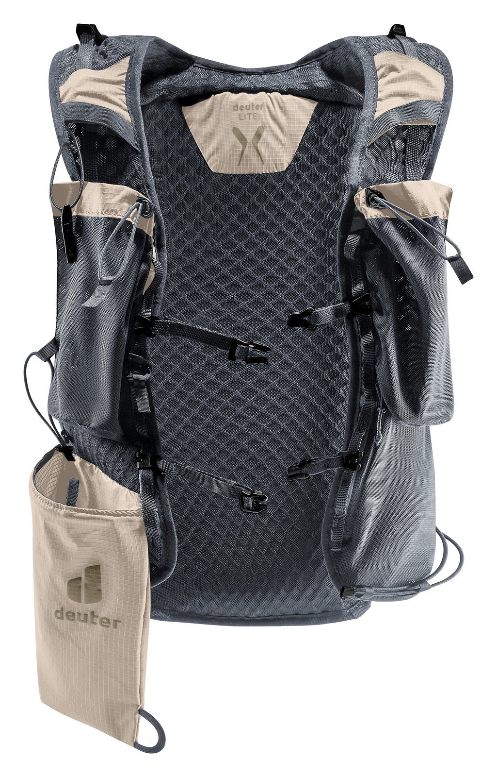 Deuter Ascender 13 in Alu, harness view with soft flask pouches and the sand pole holster