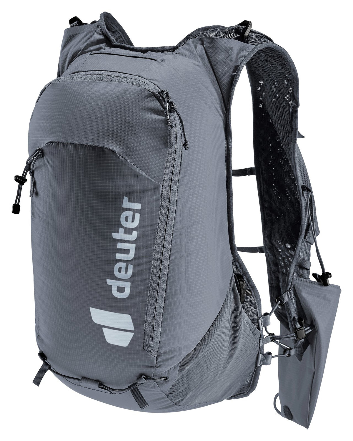 Deuter Ascender 13 trail running vest in Black, front three-quarter view with pole holster hanging from the strap