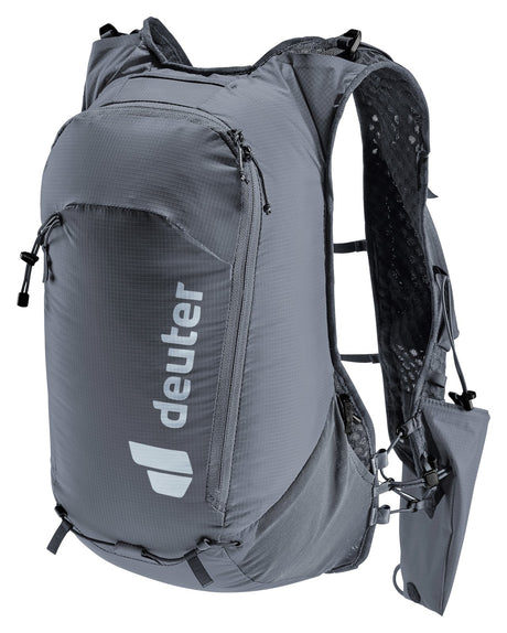 Deuter Ascender 13 trail running vest in Black, front three-quarter view with pole holster hanging from the strap
