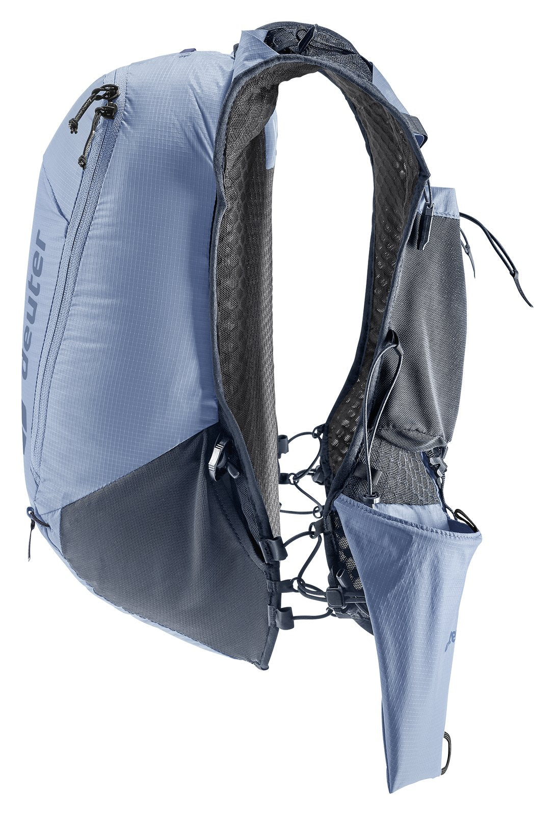 Deuter Ascender 13 in Polar, rear three-quarter view with the pole holster swung out