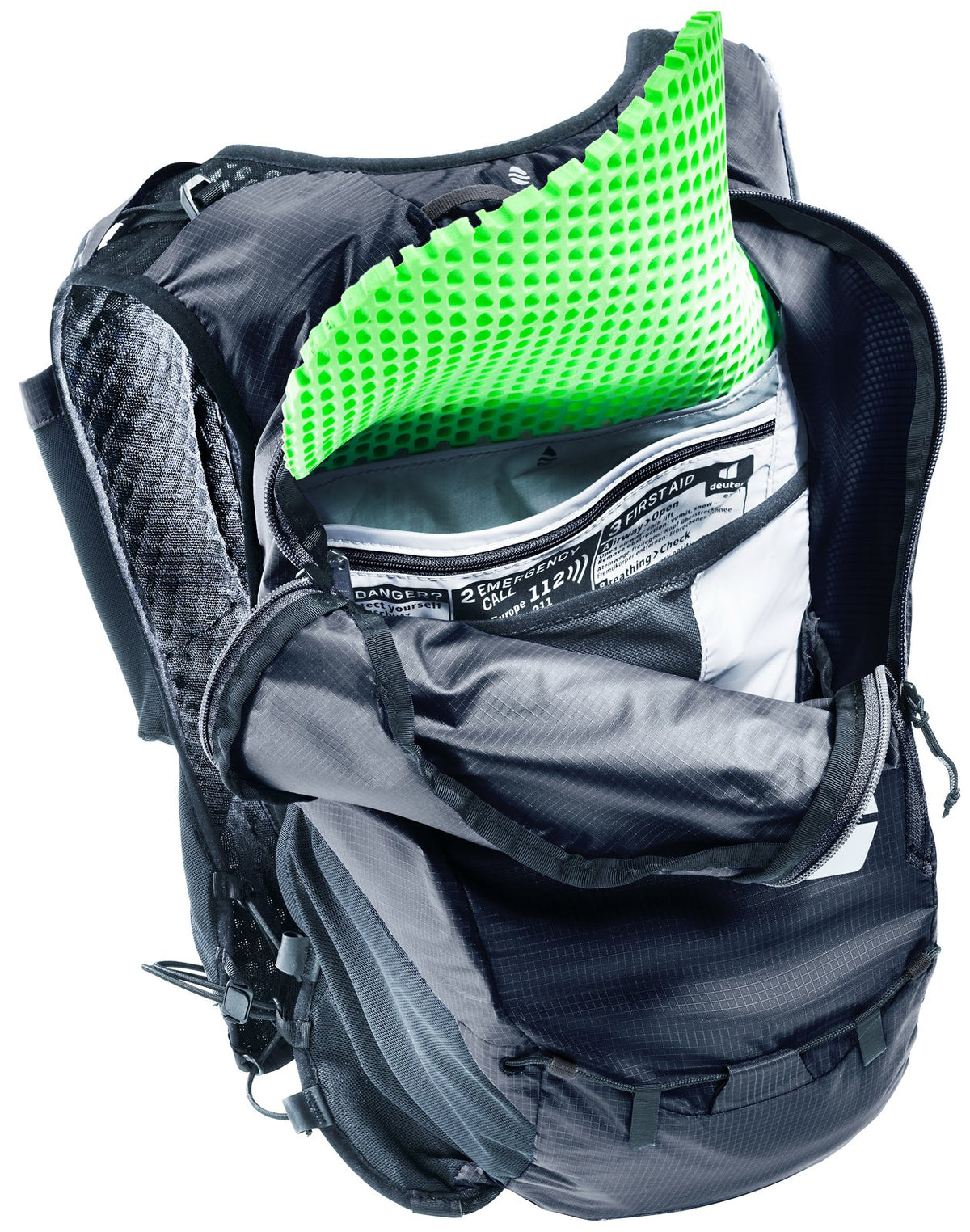 Deuter Ascender 7 with the removable green back foam pad pulled partly out