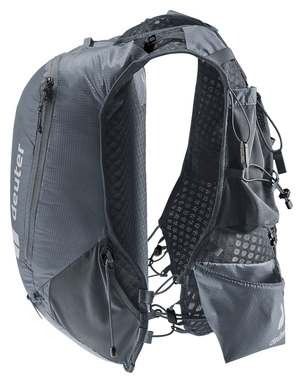 Deuter Ascender 7 in Black, three-quarter view of the harness and stretch pockets