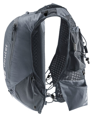 Deuter Ascender 7 in Black, three-quarter view of the harness and stretch pockets