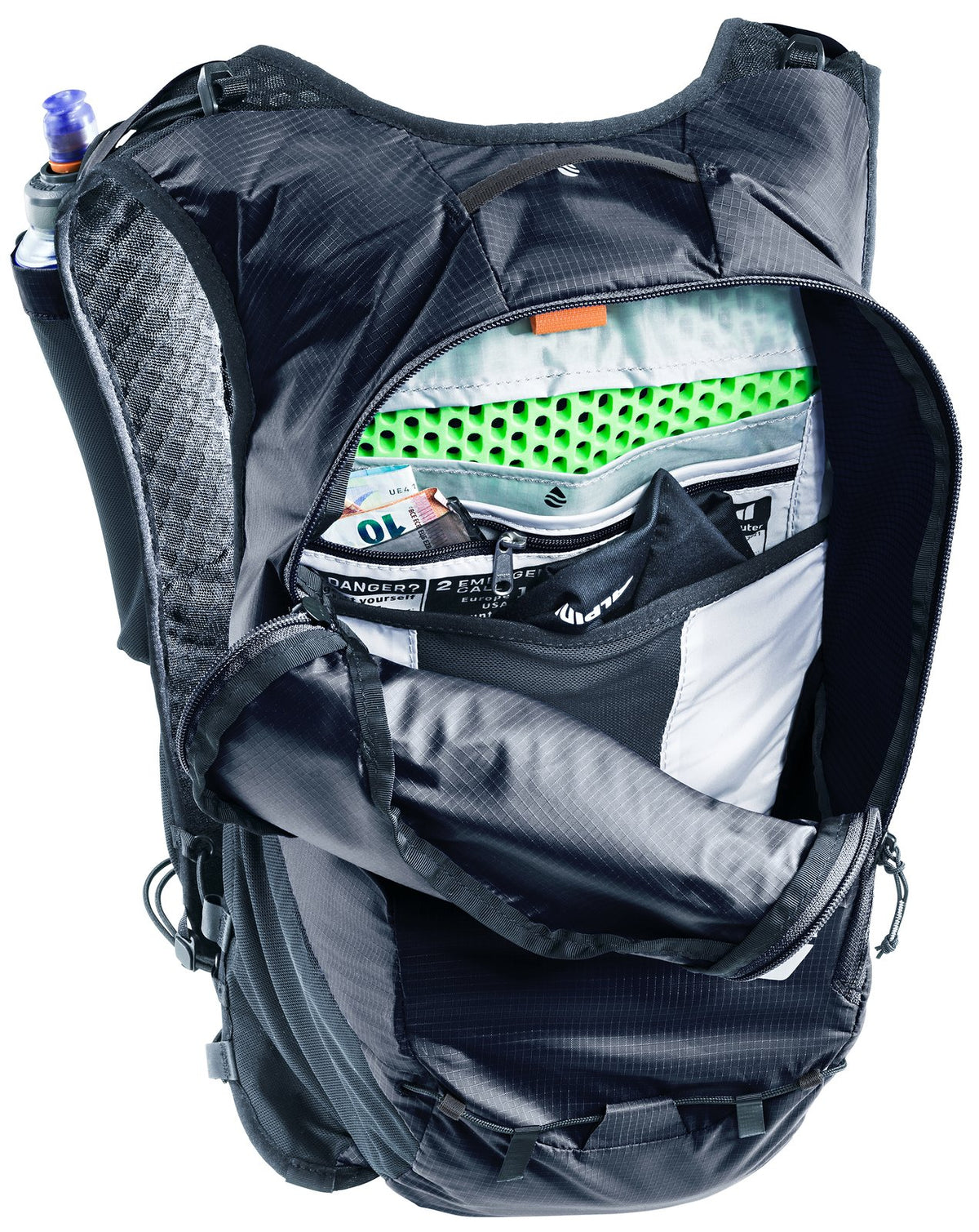 Deuter Ascender 7 in Black opened up, showing the inner compartments