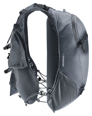 Deuter Ascender 7 in Black, side profile showing the vest straps and side pocket