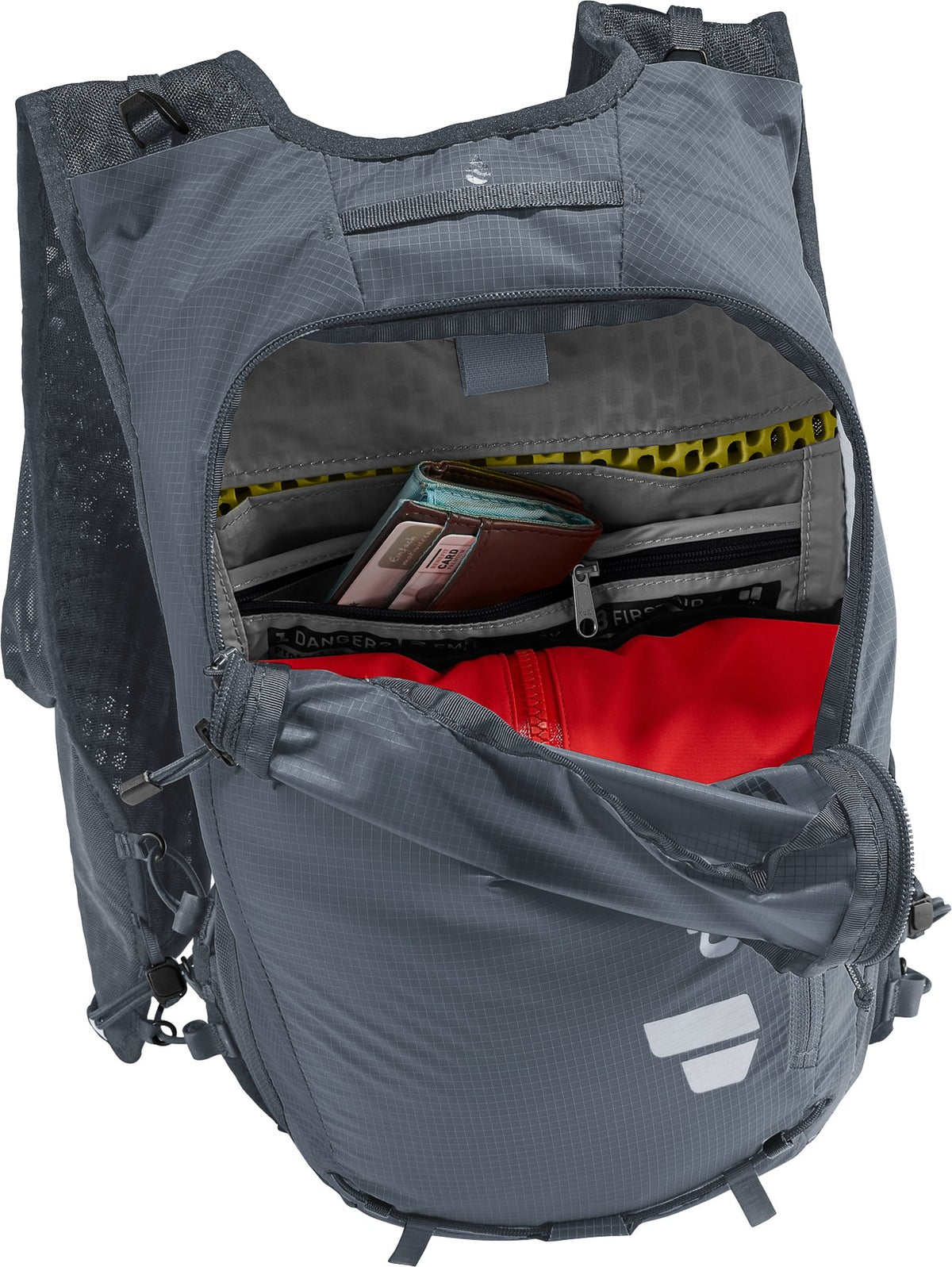 Deuter Ascender 7 main compartment open, showing the inner pockets and contents
