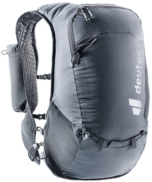 Deuter Ascender 7 in Black, side view with soft flask pouch on the shoulder strap