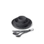 Sea to Summit Camp Dinnerware Set in Charcoal grey, nested stack with cutlery on its carabiner