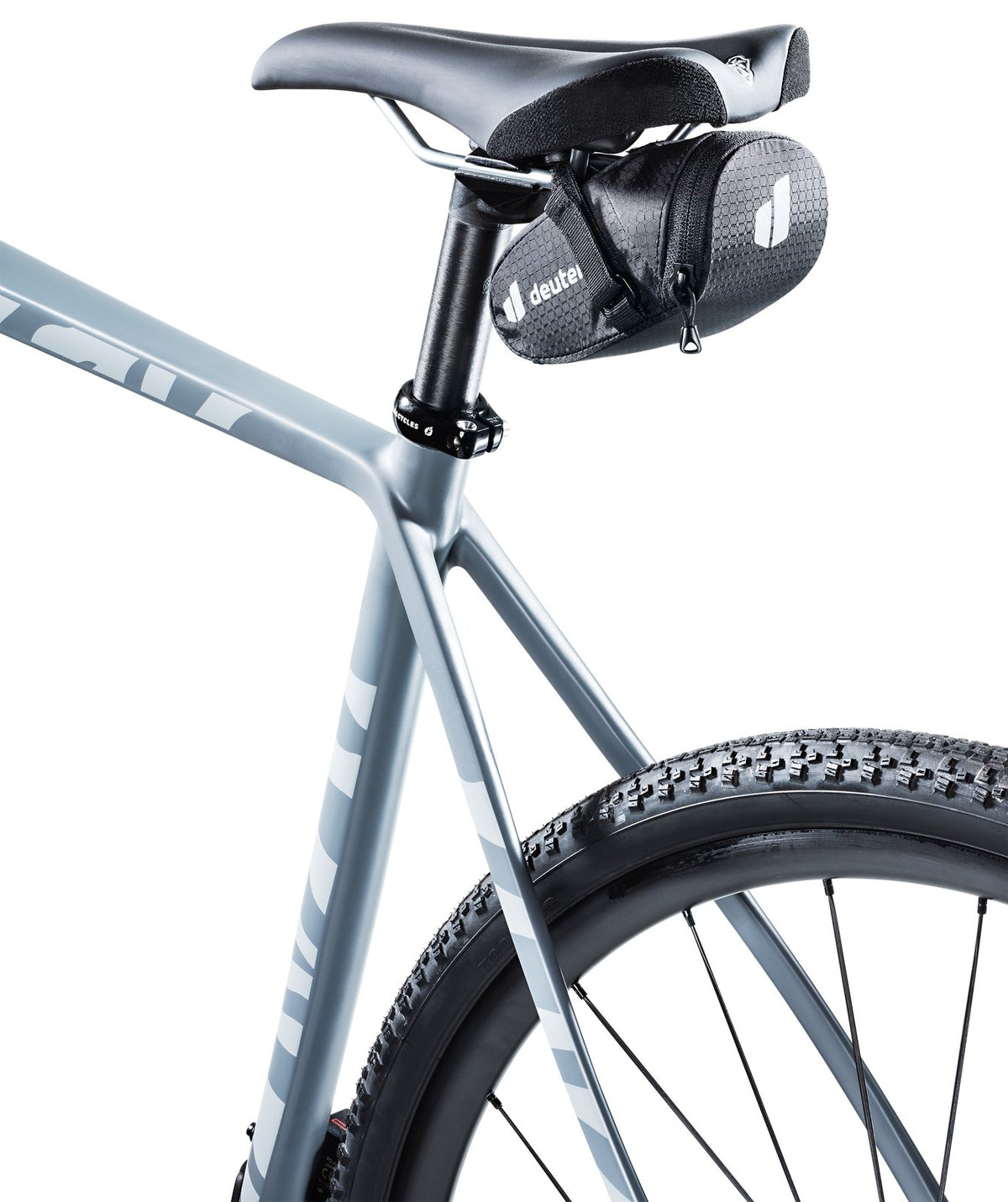 Deuter Bike Bag 0.3 strapped under the saddle of a pale grey gravel bike