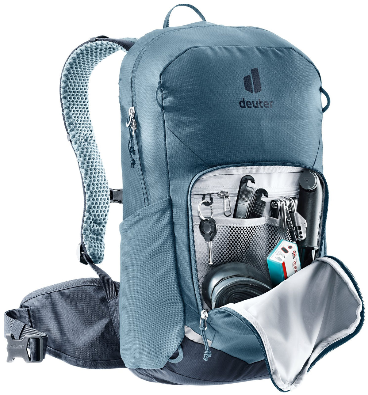 Deuter Bike I 20 in Atlantic Ink with the front pocket open showing the tool organiser