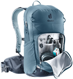 Deuter Bike I 20 in Atlantic Ink with the front pocket open showing the tool organiser