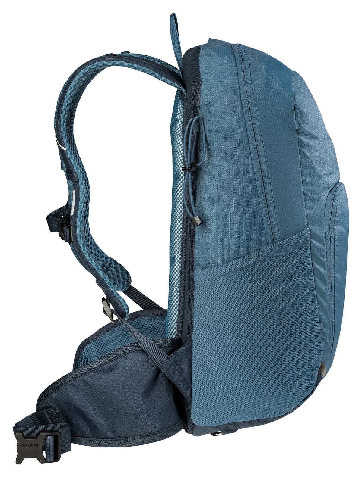 Deuter Bike I 20 in Atlantic Ink, side profile showing the curved back and shoulder strap