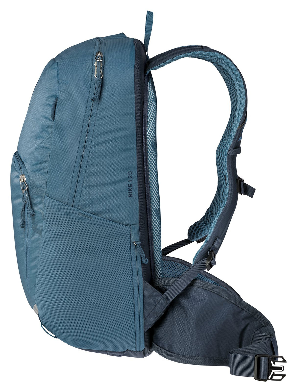 Deuter Bike I 20 in Atlantic Ink, side view of the front pocket zip