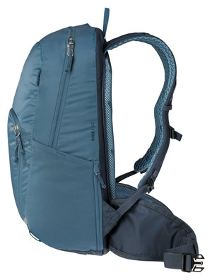 Deuter Bike I 20 in Atlantic Ink, side view of the front pocket zip