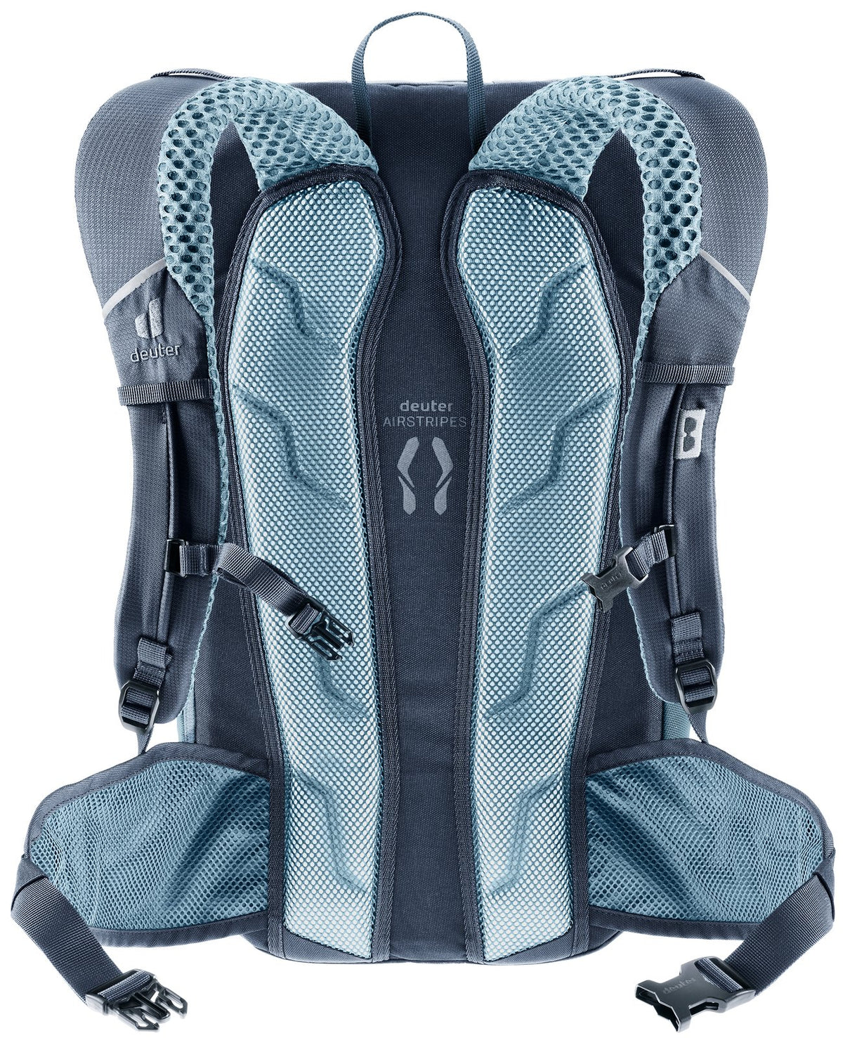 Back of the Deuter Bike I 20 in Atlantic Ink showing the Airstripes back and hip fins