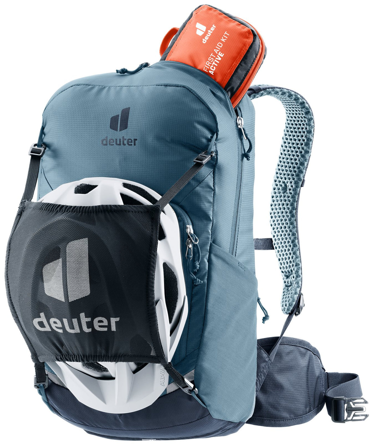 Deuter Bike I 20 in Atlantic Ink with a helmet in the mesh helmet holder and a first aid kit on top