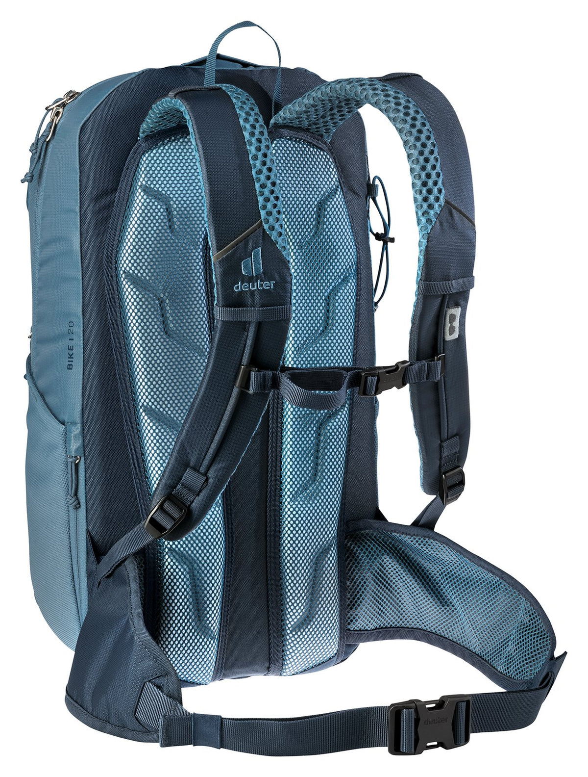Deuter Bike I 20 in Atlantic Ink, rear three-quarter view of the harness and hip fins