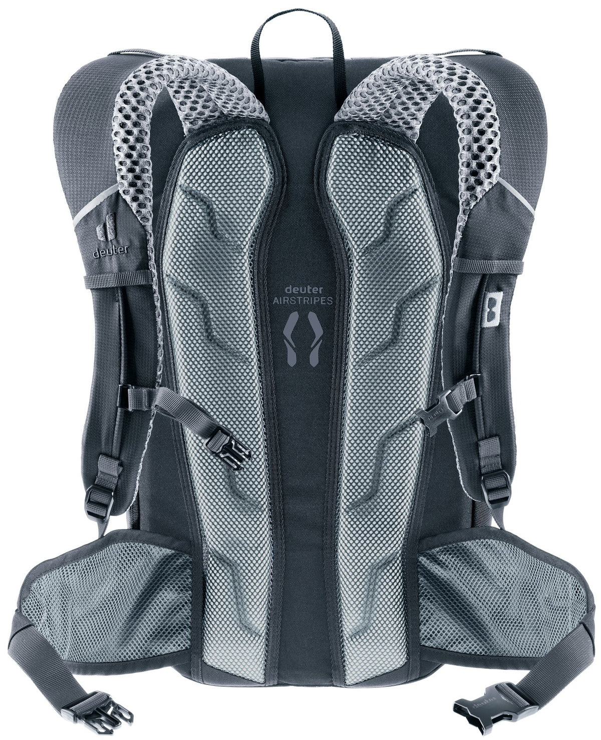 Back of the Deuter Bike I 20 in Black showing the Airstripes pads and ventilation channel