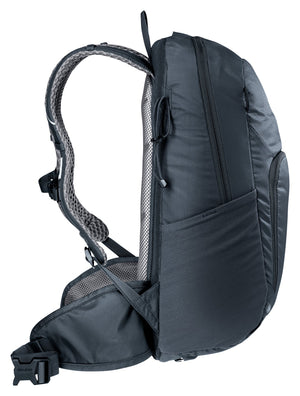 Deuter Bike I 20 in Black, side profile showing the shoulder strap and hip fin