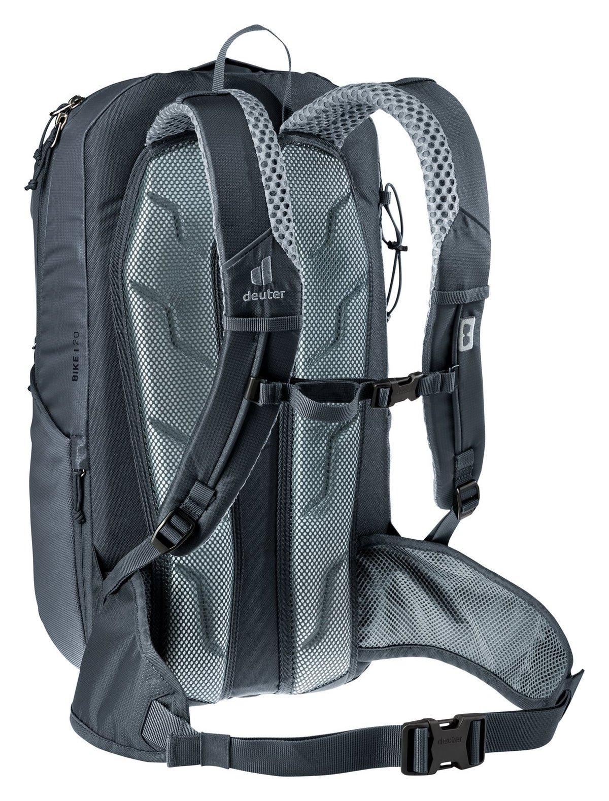 Deuter Bike I 20 in Black, rear three-quarter view of the harness and sternum strap