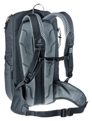 Deuter Bike I 20 in Black, rear three-quarter view of the harness and sternum strap