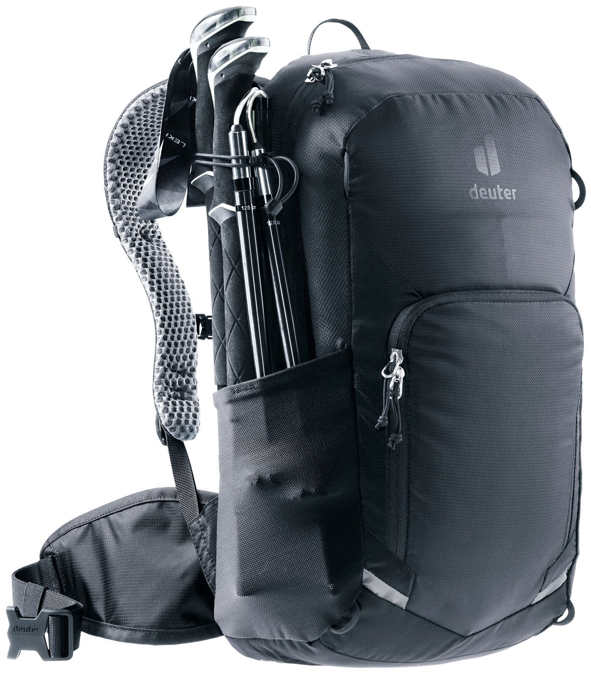 Deuter Bike I 20 in Black with trekking poles on the side pole attachment