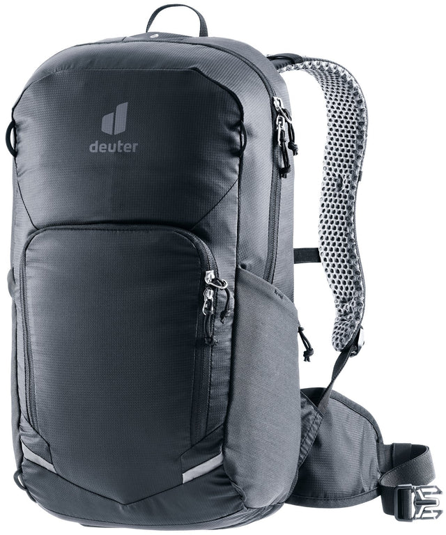 Deuter Bike I 20 cycling backpack in Black, front three-quarter view with zipped front pocket