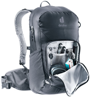 Deuter Bike I 20 in Black with the front pocket open, tools held in the organiser