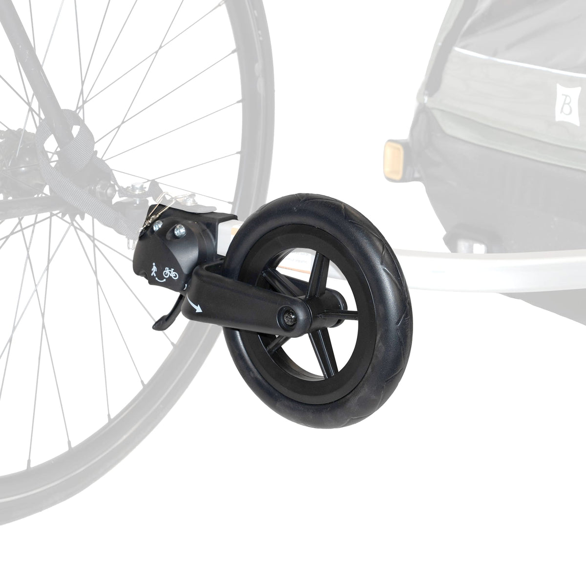 Burley 1-Wheel Stroller Kit wheel fitted to the front of a Burley trailer beside a bike's rear wheel