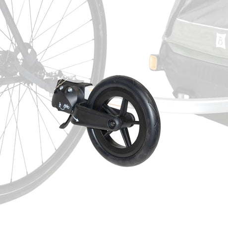 Burley 1-Wheel Stroller Kit wheel fitted to the front of a Burley trailer beside a bike's rear wheel
