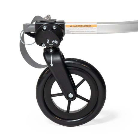 Burley 1-Wheel Stroller Kit black swivel wheel and fork mounted on a silver trailer arm, with grey wrist tether