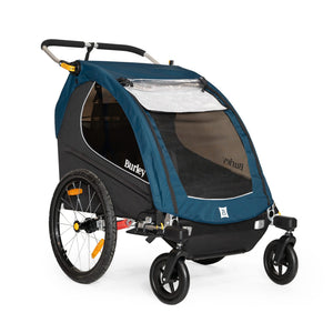 Blue Burley trailer set up as a stroller with the 2-Wheel Stroller Kit fitted at the front