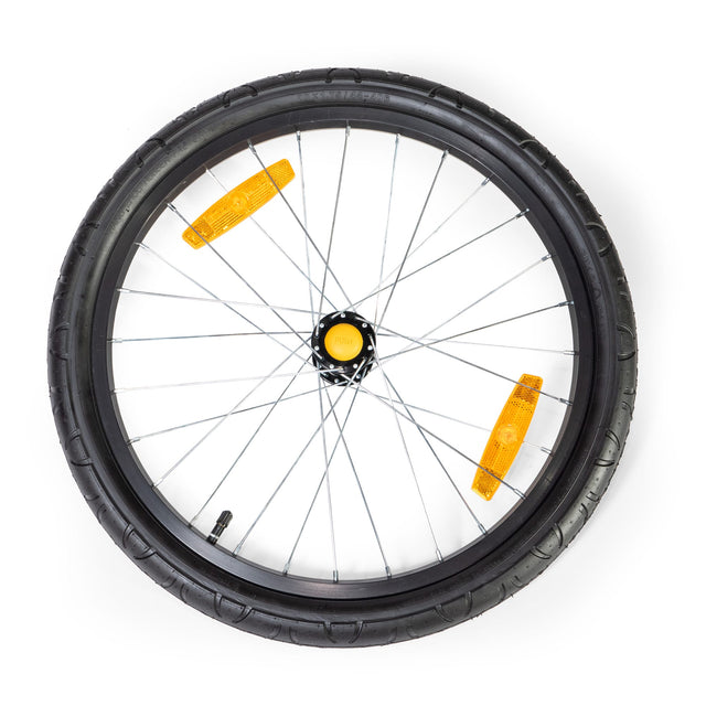 Burley 20 inch Bee trailer wheel with black rim and tyre, silver spokes, yellow hub cap and two amber spoke reflectors