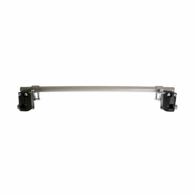 Burley axle assembly: a straight grey metal tube with a black mounting block and bolts at each end