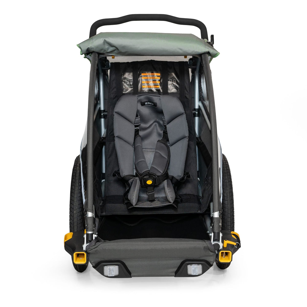 Burley Baby Snuggler fitted in a Burley trailer seat, front view with the harness buckled over it
