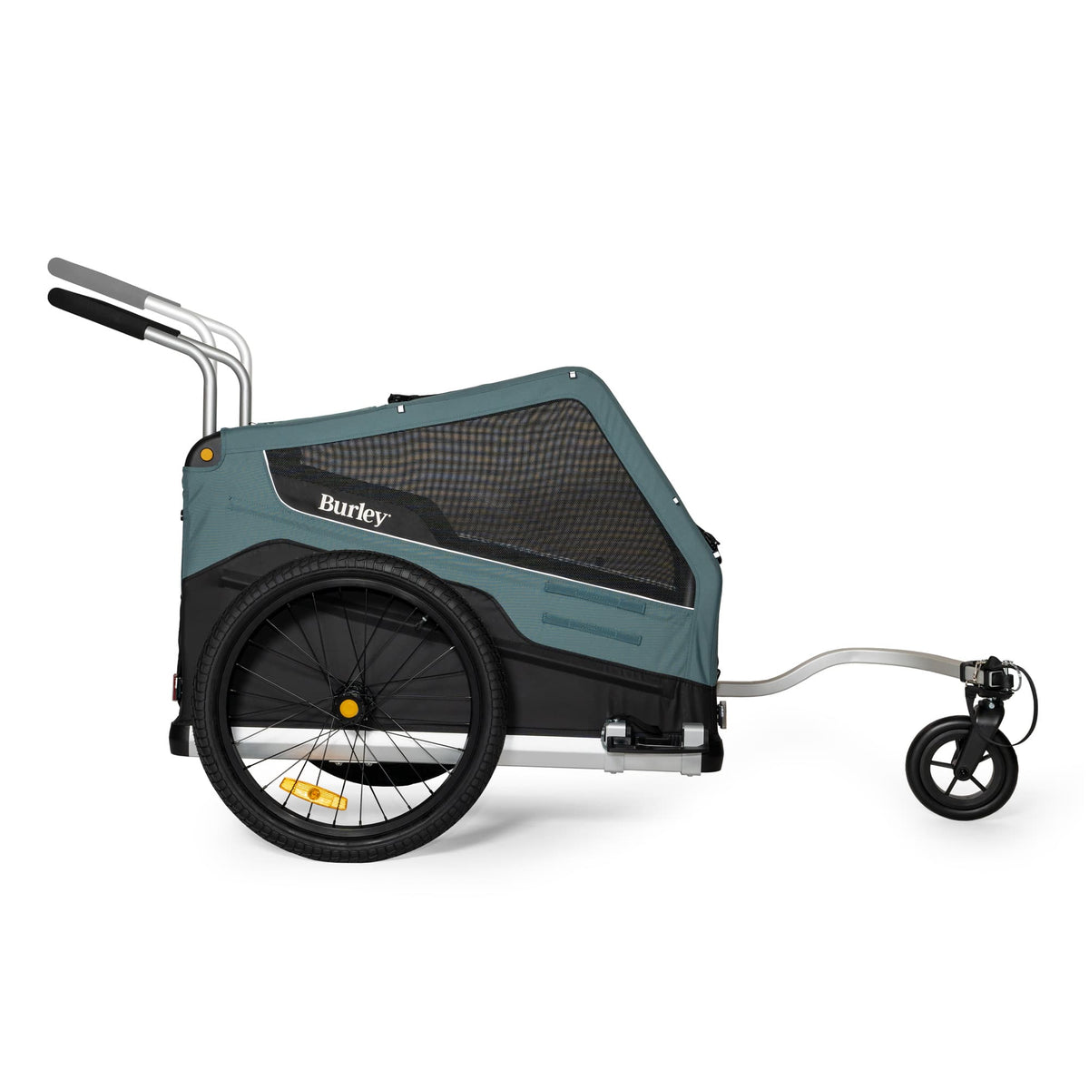 Burley Bark Ranger side view in stroller mode with handlebar and front wheel