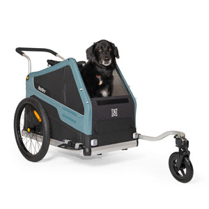 Black dog sitting up inside a Burley Bark Ranger in stroller mode